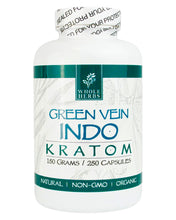 Load image into Gallery viewer, A 250 capsule (150g) container of Whole Herbs Green Vein Indo Kratom Capsules.
