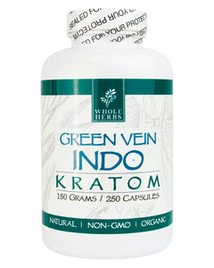 A 250 capsule (150g) container of Whole Herbs Green Vein Indo Kratom Capsules.