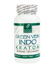 Load image into Gallery viewer, A 60 capsule (36g) container of Whole Herbs Green Vein Indo Kratom Capsules.
