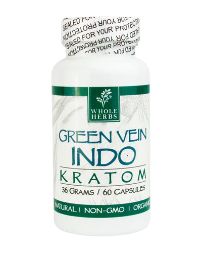 A 60 capsule (36g) container of Whole Herbs Green Vein Indo Kratom Capsules.