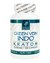 Load image into Gallery viewer, A 120 capsule (72g) container of Whole Herbs Green Vein Indo Kratom Capsules.
