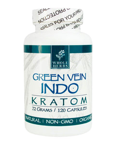 A 120 capsule (72g) container of Whole Herbs Green Vein Indo Kratom Capsules.