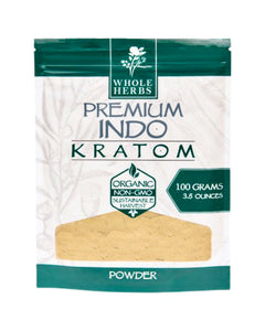A 3.5 oz 100 gram bag of Whole Herbs Green Vein Indo Kratom Powder.