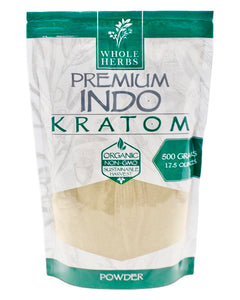 A 17.5 oz 500 gram bag of Whole Herbs Green Vein Indo Kratom Powder.