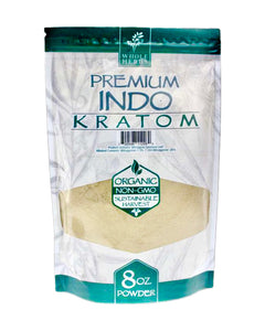 An 8 oz 225 gram bag of Whole Herbs Green Vein Indo Kratom Powder.