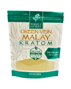 A 3.5 oz 100 gram bag of Whole Herbs Green Vein Malay Kratom Powder.