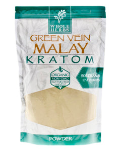 A 17.5 oz 500 gram bag of Whole Herbs Green Vein Malay Kratom Powder.