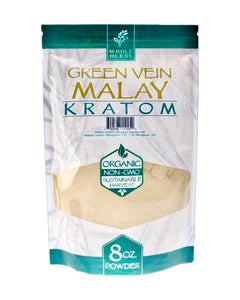 A 8 oz 225 gram bag of Whole Herbs Green Vein Malay Kratom Powder.