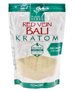A 17.5 oz 500 gram bag of Whole Herbs Red Vein Bali Kratom Powder.