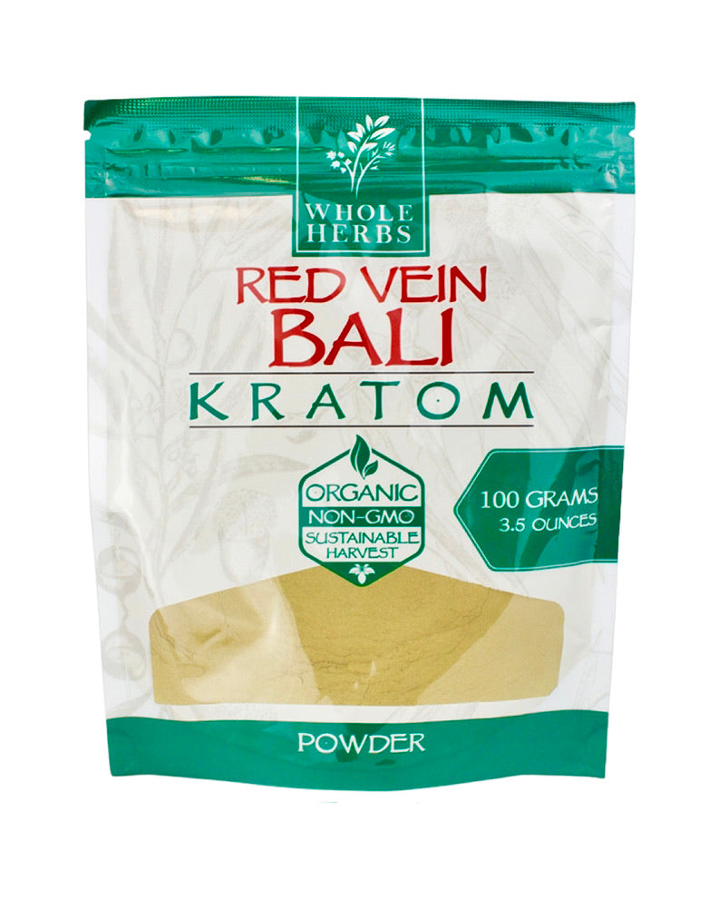 A 3.5 oz 100 gram bag of Whole Herbs Red Vein Bali Kratom Powder.