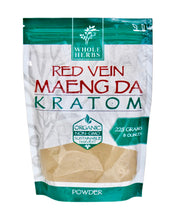 Load image into Gallery viewer, An 8 oz 225 gram bag of Whole Herbs Red Vein Maeng Da Kratom Powder.
