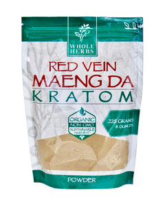 An 8 oz 225 gram bag of Whole Herbs Red Vein Maeng Da Kratom Powder.