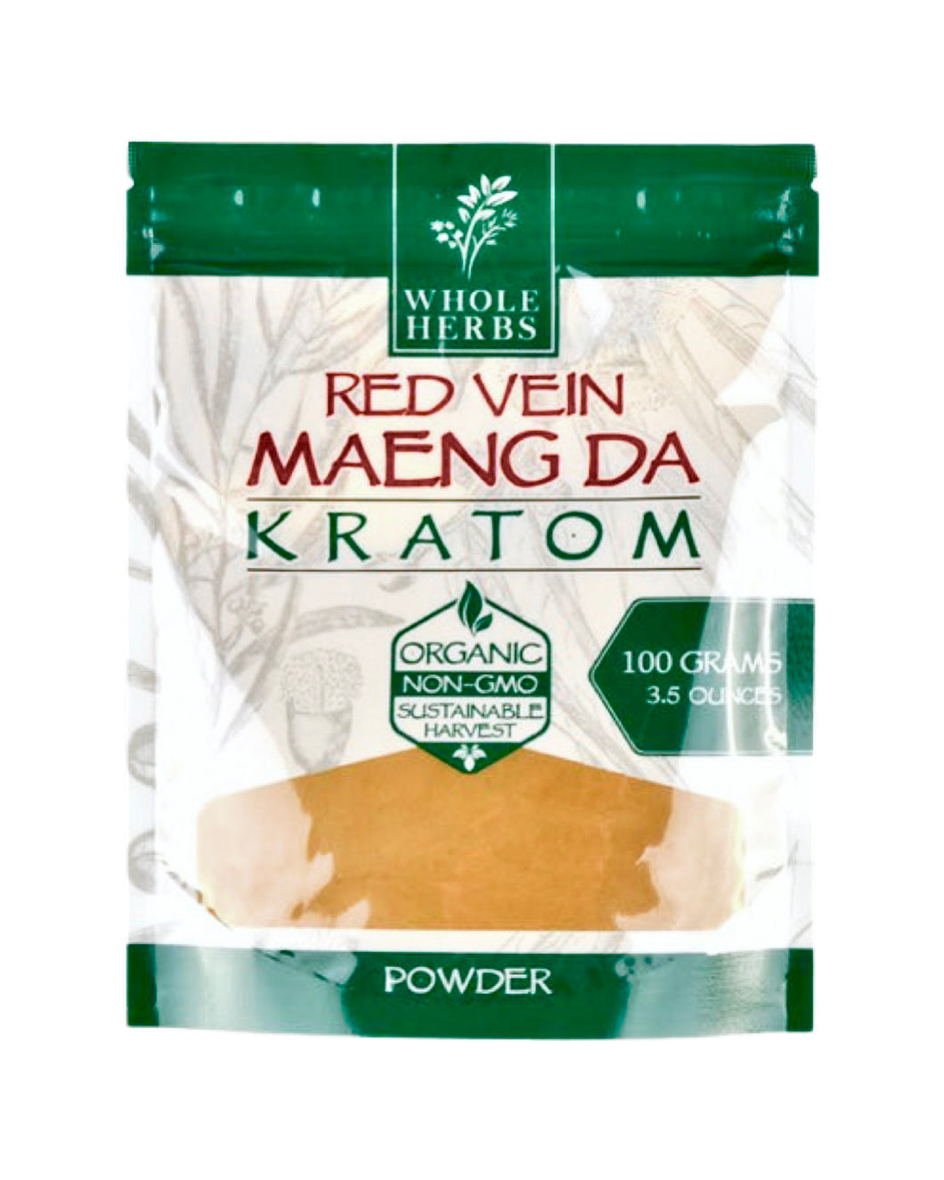 A 3.5 oz 100 gram bag of Whole Herbs Red Vein Maeng Da Kratom Powder.