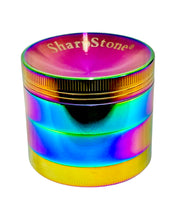 Load image into Gallery viewer, An iridescent rainbow 55mm Sharpstone Concave Grinder.
