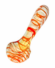 Load image into Gallery viewer, A red Kitchen Glass Designs Fumed Swirl Spoon Pipe. 
