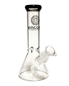 Clear Beaker Bong with a black mouthpiece.