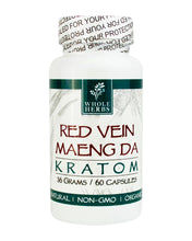 Load image into Gallery viewer, A 60 capsule (36g) container of Whole Herbs Red Vein Maeng Da Kratom Capsules.
