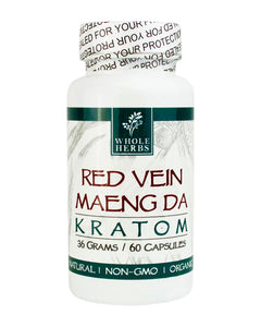 A 60 capsule (36g) container of Whole Herbs Red Vein Maeng Da Kratom Capsules.