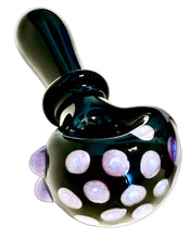 Load image into Gallery viewer, A Black Honeycomb Maria Spoon Pipe with purple spots handblown in America by TKO Glassworks.
