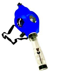 A blue Gas Mask Bong with a clear acrylic bong.