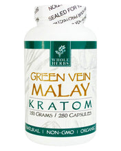 Load image into Gallery viewer, A 250 capsule (150g) container of Whole Herbs Green Vein Malay Kratom Capsules.
