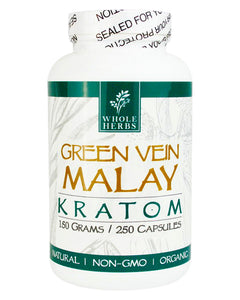 A 250 capsule (150g) container of Whole Herbs Green Vein Malay Kratom Capsules.