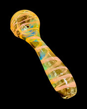 Load image into Gallery viewer, A pink Kitchen Glass Designs Fumed Swirl Spoon Pipe showing off its color-changing fumed glass.
