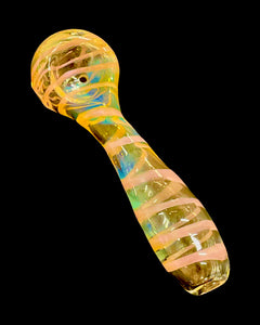A pink Kitchen Glass Designs Fumed Swirl Spoon Pipe showing off its color-changing fumed glass.