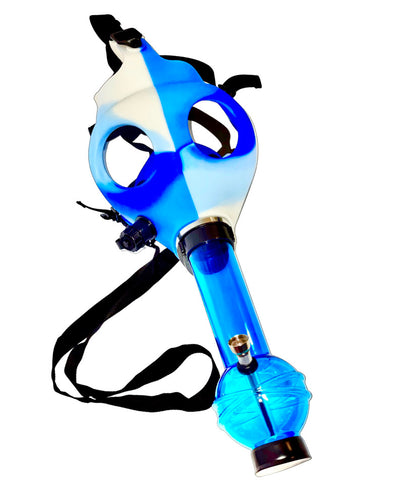 A blue and white Gas Mask Bong.