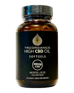 A container of 300mg TRU Organics CBD Softgels.