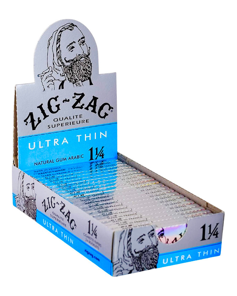 A box of Zig Zag 1 1/4 Ultra Thin Rolling Papers.