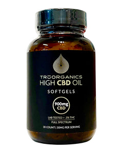 A container of 900mg TRU Organics CBD Softgels.