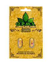 Load image into Gallery viewer, A 2 capsule (1.3g) pack of OPMS Gold Kratom Extract Capsules.
