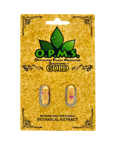 A 2 capsule (1.3g) pack of OPMS Gold Kratom Extract Capsules.