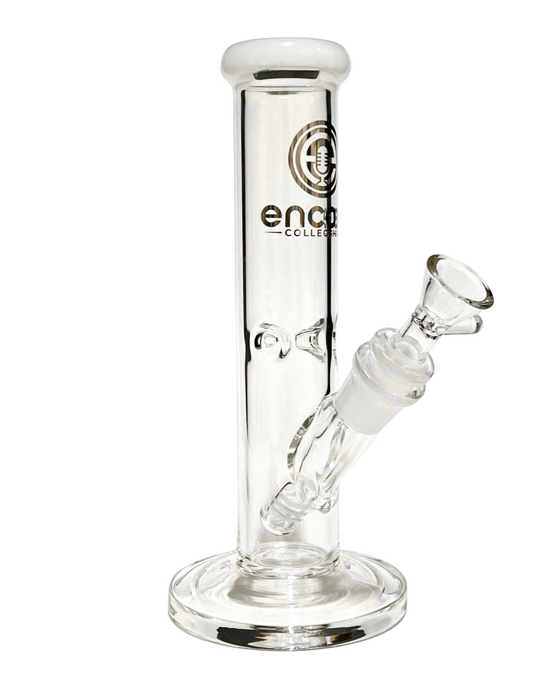 A Clear Straight Tube Bong with a white mouthpiece.