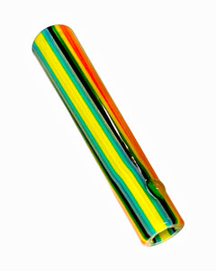 A Hippie Hookup Inside Out Pinstripe One Hitter with yellow, orange, and blue stripes.