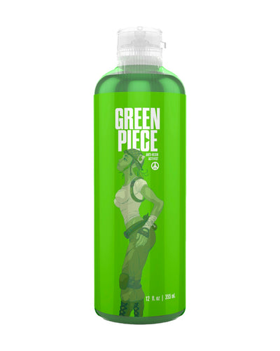 A 12 oz 355 ml bottle of Green Piece Anti-Resin Activist Cleaner.