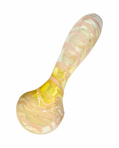 A pink Kitchen Glass Designs Fumed Swirl Spoon Pipe. 