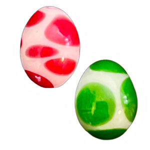 A Handmade Yoshi Egg Terp Pearl Set, with one red egg and one green egg.