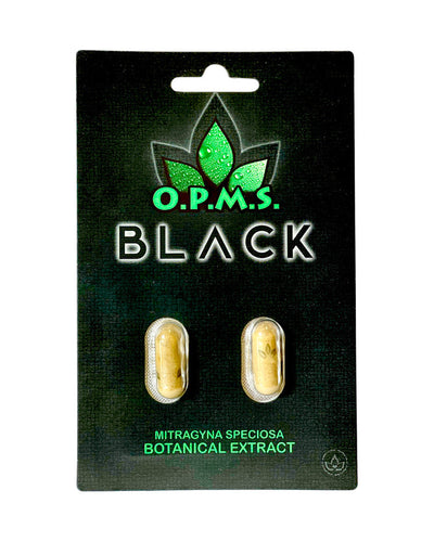 A 2 capsule (1.3g) pack of OPMS Black Kratom Extract Capsules.