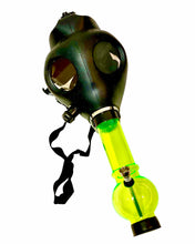 Load image into Gallery viewer, A black Gas Mask Bong with a neon green acrylic bong.
