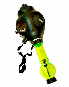 A black Gas Mask Bong with a neon green acrylic bong.