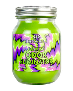 An OG Kush Special Blue Odor Eliminator Candle.