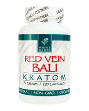 Load image into Gallery viewer, A 120 capsule (72g) container of Whole Herbs Red Vein Bali Kratom Capsules.
