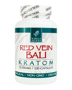 A 120 capsule (72g) container of Whole Herbs Red Vein Bali Kratom Capsules.