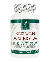 Load image into Gallery viewer, A 120 capsule (72g) container of Whole Herbs Red Vein Maeng Da Kratom Capsules.
