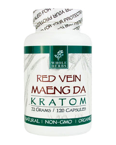 A 120 capsule (72g) container of Whole Herbs Red Vein Maeng Da Kratom Capsules.