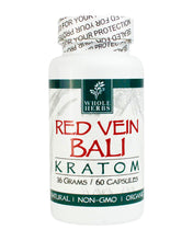 Load image into Gallery viewer, A 60 capsule (36g) container of Whole Herbs Red Vein Bali Kratom Capsules.
