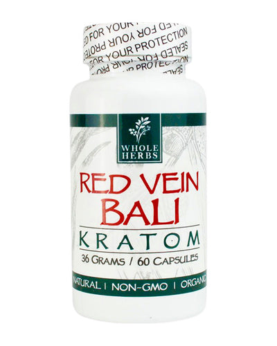 A 60 capsule (36g) container of Whole Herbs Red Vein Bali Kratom Capsules.