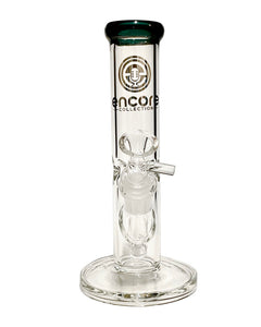 The front of a Clear Straight Tube Bong with a teal mouthpiece.